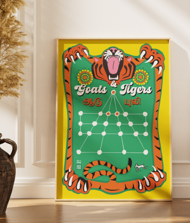 Goats & Tigers game poster in a wooden frame